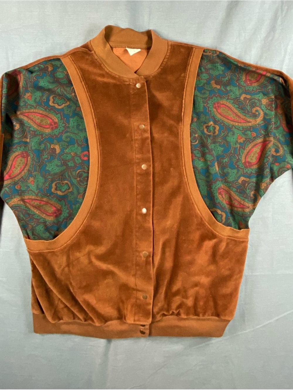 Vintage 80s Brown Velour Bomber Jacket with Paisley Sleeves snap closure